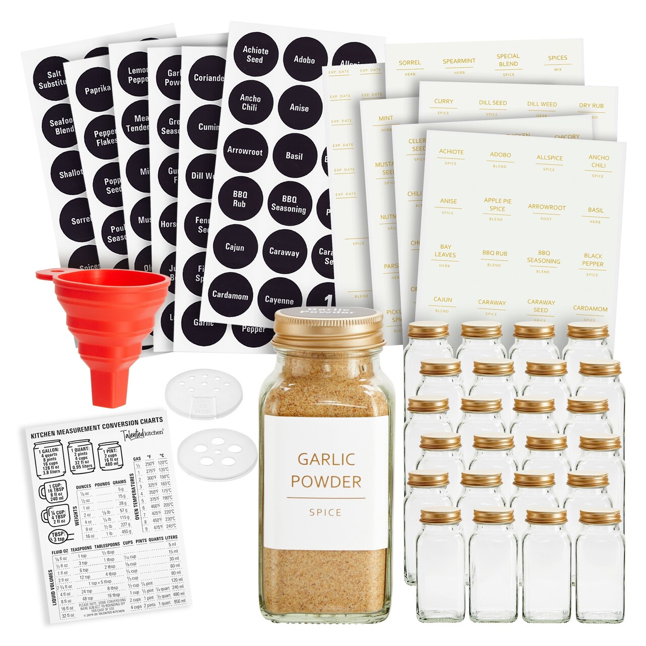 Talented Kitchen 24 Pack Glass Spice Jars with Shaker Lids 6oz 328 Preprinted Labels Gold Caps